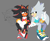 Size: 1950x1600 | Tagged: dead source, safe, artist:drewthestray, shadow the hedgehog, silver the hedgehog, sonic the hedgehog, hedgehog, fangs, gay, grey background, lidded eyes, looking at each other, looking at them, male, mario and sonic at the 2020 olympic games, mouth open, pointing, shadow x silver, shadow x sonic, shipping, shipping denied, simple background, sitting, sketch, smile, third wheel, trio