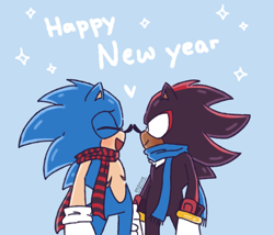 Size: 2047x1755 | Tagged: safe, artist:eepnoe, shadow the hedgehog, sonic the hedgehog, 2025, blue background, blushing, cute, duo, english text, eyes closed, gay, happy new year, heart, looking ahead, new years, nose boop, noses are touching, scarf, shadow x sonic, shadowbetes, shipping, signature, simple background, smile, sonabetes, sparkles, top surgery scars, trans male, transgender