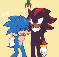 Size: 2048x1980 | Tagged: safe, artist:eepnoe, shadow the hedgehog, sonic the hedgehog, 2024, arm around shoulders, blushing, blushing ears, christmas, duo, gay, laughing, looking up, mistletoe, shadow x sonic, shadowbetes, shipping, signature, simple background, sonabetes, standing, top surgery scars, trans male, transgender, yellow background