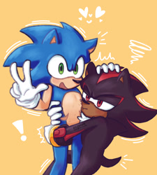 Size: 1843x2048 | Tagged: safe, artist:eepnoe, shadow the hedgehog, sonic the hedgehog, 2024, carrying them, cute, duo, exclamation mark, frown, gay, hand on another's head, heart, lidded eyes, looking at viewer, mouth open, shadow x sonic, shadowbetes, shipping, smile, sonabetes, top surgery scars, trans male, transgender, v sign