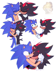 Size: 1603x2038 | Tagged: safe, artist:zeemy-wah, shadow the hedgehog, sonic the hedgehog, blushing, cute, duo, eyes closed, frown, gay, heart, holding hands, hugging, looking at them, looking at viewer, mouth open, outline, shadow x sonic, shadowbetes, shipping, simple background, smile, sonabetes, standing, wagging tail, white background