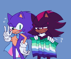 Size: 2048x1707 | Tagged: safe, artist:eepnoe, shadow the hedgehog, sonic the hedgehog, bisexual, bisexual pride, blue background, cape, duo, face paint, frown, gay, gay pride, hand on hip, holding something, lidded eyes, looking at them, mlm pride, pride, pride flag, question mark, shadow x sonic, shipping, signature, simple background, smile, standing, sweatdrop, top surgery scars, trans male, transgender