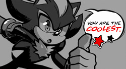 Size: 1969x1080 | Tagged: safe, artist:lunatyk, shadow the hedgehog, abstract background, dialogue, english text, greyscale, looking at viewer, monochrome, mouth open, solo, speech bubble, star (symbol), thumbs up