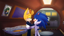 Size: 1920x1080 | Tagged: safe, artist:jeffydust, miles "tails" prower, shadow the hedgehog, sonic the hedgehog, 2025, abstract background, aged up, blushing, duo, gay, indoors, lidded eyes, light, looking at each other, mouth open, nighttime, picture frame, shadow x tails, shipping, smile, sonic x tails, standing, wedding suit, window