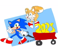 Size: 2048x1787 | Tagged: safe, artist:juntrgx_, miles "tails" prower, sonic the hedgehog, 2025, abstract background, cart, double v sign, duo, eye clipping through hair, flying, holding something, looking at viewer, new years, signature, smile, spinning tails, v sign, walking, wink