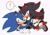 Size: 2048x1448 | Tagged: safe, artist:roastedgarlics2, shadow the hedgehog, sonic the hedgehog, hedgehog, 2025, blushing, clenched teeth, duo, exclamation mark, frown, gay, grey background, holding leg, kneeling, looking at viewer, lying down, male, shadow x sonic, shipping, simple background, smile, speech bubble, sweatdrop