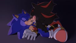 Size: 2048x1152 | Tagged: safe, artist:koudoku-chan, shadow the hedgehog, sonic the hedgehog, 2025, blushing, duo, eyes closed, gay, gradient background, lying down, lying on them, making out, outline, shadow x sonic, shipping