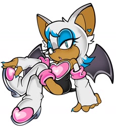 Size: 1507x1644 | Tagged: safe, artist:officialkiku1, editor:officialkiku1, rouge the bat, 2025, ear piercing, earring, edit, fingerless gloves, lidded eyes, looking at viewer, mouth open, painted fingernails, redesign, simple background, sitting, solo, white background