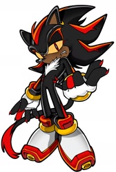 Size: 1216x1807 | Tagged: safe, artist:officialkiku1, editor:officialkiku1, shadow the hedgehog, 2025, claws, clenched teeth, ear piercing, edit, eyebrow piercing, fingerless gloves, frown, lidded eyes, lip peircing, long tail, looking at viewer, redesign, simple background, solo, standing, white background, yellow sclera