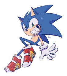 Size: 729x834 | Tagged: safe, artist:freessso, sonic the hedgehog, clenched teeth, cute, looking offscreen, mid-air, missing tooth, signature, simple background, smile, soap shoes, solo, sonabetes, white background