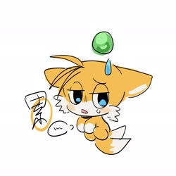 Size: 2048x2048 | Tagged: safe, artist:pupu77859245726, chao, ..., 2025, blushing, character chao, floppy ears, lidded eyes, looking at viewer, mouth open, simple background, solo, sweatdrop, tails chao, white background