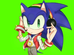 Size: 1024x768 | Tagged: safe, artist:umerouge, sonic the hedgehog, gloves off, green background, headphones, jacket, looking at viewer, pants, shirt, simple background, solo, standing