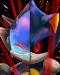 Size: 1631x2048 | Tagged: safe, artist:umerouge, chaos sonic, metal sonic, sonic prime, duo, robot