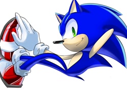 Size: 1024x724 | Tagged: safe, artist:aohari251, sonic the hedgehog, sonic frontiers, full body, hand behind head, simple background, smile, solo, white background