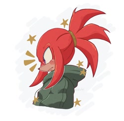 Size: 1168x1138 | Tagged: safe, artist:lukzfyu, knuckles the echidna, 2025, alternate hairstyle, blushing, frown, hair up, hoodie, looking offscreen, one fang, outline, ponytail, side view, signature, simple background, solo, star (symbol), white background