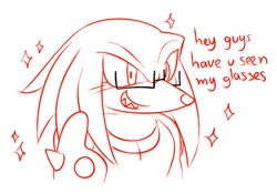 Size: 699x490 | Tagged: safe, artist:1tbmattiddies, knuckles the echidna, 2025, blushing, clenched teeth, dialogue, english text, glasses, line art, monochrome, pointing, simple background, smile, solo, sparkles, white background