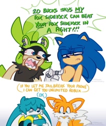 Size: 1688x2000 | Tagged: safe, artist:ohposhers, kit the fennec, miles "tails" prower, sonic the hedgehog, surge the tenrec, 2025, dialogue, english text, gradient background, group, holding something, looking at each other, phone, poking, seems legit, standing