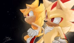 Size: 2048x1186 | Tagged: safe, artist:yami_pu3lla, shadow the hedgehog, sonic the hedgehog, super shadow, super sonic, sonic the hedgehog 3 (film), 2024, abstract background, cute, duo, flying, looking offscreen, shadowbetes, signature, smile, sonabetes, star (sky), super form