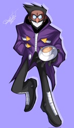 Size: 1187x2048 | Tagged: safe, artist:gusta_hedgehog, agent stone, human, 2025, clenched teeth, evil, hand in pocket, holding something, looking at viewer, plate, purple background, signature, simple background, smile, solo, standing, style emulation, tea, teacup