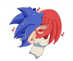 Size: 1403x1181 | Tagged: safe, artist:lukzfyu, knuckles the echidna, sonic the hedgehog, 2025, blushing, cute, duo, eyes closed, gay, heart, holding them, kiss, knucklebetes, knuxonic, shipping, simple background, sparkles, white background