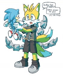 Size: 1554x1848 | Tagged: safe, artist:41waysu, miles "tails" prower, nine, sonic the hedgehog, sonic prime, 2025, alternate universe, carrying them, classic sonic, cute, dialogue, duo, english text, gay, looking at each other, mouth open, nine x sonic, picking them up, shipping, simple background, sonic x tails, white background