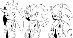 Size: 854x448 | Tagged: safe, artist:yiziyusan, shadow the hedgehog, silver the hedgehog, sonic the hedgehog, 2025, frown, line art, looking at viewer, monochrome, simple background, sketch, smile, standing, trio, white background