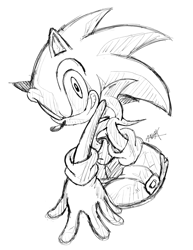 Size: 1581x2048 | Tagged: safe, artist:soandxdraws, sonic the hedgehog, 2025, hand on ground, looking at viewer, monochrome, signature, simple background, sketch, smile, solo, white background