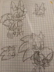 Size: 1536x2048 | Tagged: safe, artist:julietavel174561, miles (anti-mobius), scourge the hedgehog, 2024, cute, duo, ear fluff, eye clipping through hair, frown, gay, heart, lidded eyes, looking at viewer, looking offscreen, pencilwork, scouriles, shipping, sketch, smile, standing, traditional media