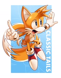 Size: 1594x2048 | Tagged: safe, artist:thatbirdguy_, miles "tails" prower, 2025, abstract background, arms out, character name, classic tails, flying, looking offscreen, mouth open, pointing, smile, solo, spinning tails