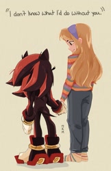 Size: 1329x2048 | Tagged: safe, artist:nokamichan, maria robotnik, shadow the hedgehog, human, sonic the hedgehog 3 (film), 2025, brother and sister, cute, dialogue, duo, english text, holding hands, looking at each other, signature, simple background, smile, standing, wholesome, yellow background
