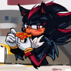 Size: 2048x2048 | Tagged: safe, artist:k_pchellka, shadow the hedgehog, sonic the hedgehog 3 (film), 2025, abstract background, arm fluff, blushing, caught, cheek fluff, eating, food, holding something, lidded eyes, looking at viewer, pepperoni pizza, pizza, signature, solo