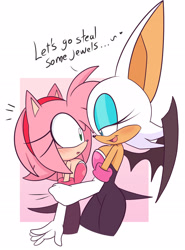 Size: 1920x2601 | Tagged: safe, artist:luckyclau, amy rose, rouge the bat, blushing