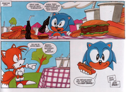 Size: 902x658 | Tagged: safe, miles "tails" prower, sonic the hedgehog, fox, hedgehog, burger, coke, drinks, duo, hot dog