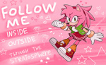 Size: 1280x789 | Tagged: safe, artist:flameheart87, amy rose, hedgehog, alternate outfit, alternate version, clothes, english text, female, follow me (song), freckles, hearts, lyrics, pink background, redesign, rose, signature, solo, song lyrics, star (symbol)