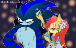 Size: 1709x1068 | Tagged: safe, artist:risziarts, sally acorn, chipmunk, alternate outfit, au:sonic world travel, blue power pattern, celebration, clothes, cosplay, cyan power pattern, date, halloween, lights, sally x sonic, shipping, sonic the werehog, straight, werehog