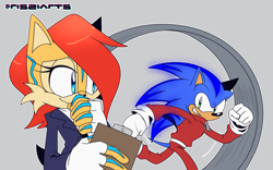 Size: 1709x1068 | Tagged: safe, artist:risziarts, sally acorn, sonic the hedgehog, chipmunk, hedgehog, alternate outfit, au:sonic world travel, blue power pattern, celebration, clipboard, clothes, cyan power pattern, date, running, sally x sonic, shipping, straight, tracksuit