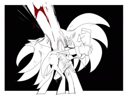 Size: 1665x1258 | Tagged: safe, artist:guitar_00000001, shadow the hedgehog, sonic the hedgehog, 2025, black background, blood, duo, fight, grin, monochrome, simple background