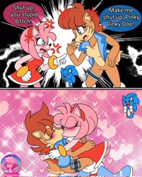 Size: 1647x2048 | Tagged: safe, artist:garabak0, amy rose, sally acorn, sonic the hedgehog, amy x sally