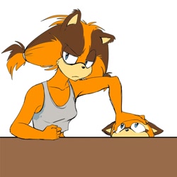 Size: 1024x1024 | Tagged: safe, artist:angleamyrose, marine the raccoon, sticks the badger, annoyed, hand on another's head, sweat, tired
