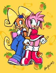 Size: 841x1096 | Tagged: safe, artist:bonyungus, amy rose, hedgehog, bandicoot, coco bandicoot, crossover, duo