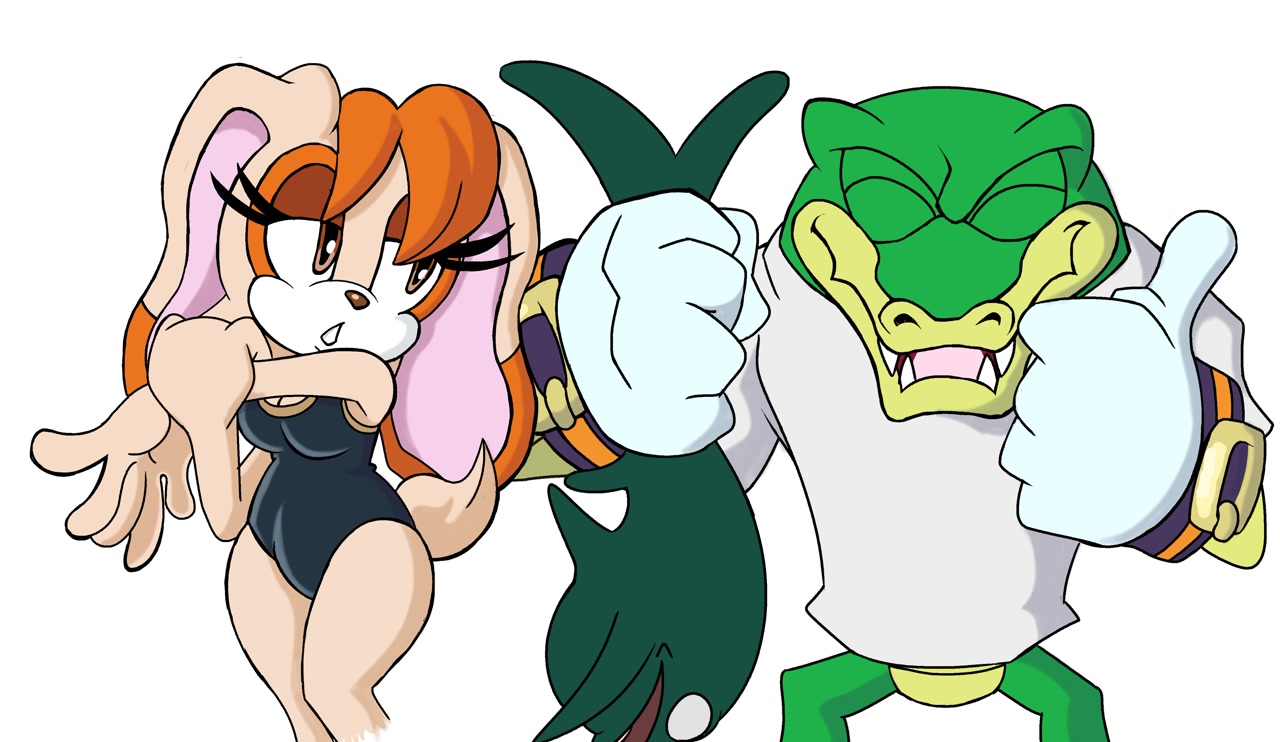 #37640 - safe, artist:cosmicseternity, vanilla the rabbit, vector the  crocodile, crocodile, rabbit, clothes, duo, eyes closed, fish, lidded eyes,  literal animal, no gloves, one-piece swimsuit, shirt, simple background,  thumbs up, white background - art.mobius.social, image size:1280x742