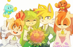Size: 1280x828 | Tagged: safe, artist:cheroy, cheese (chao), chocola (chao), cosmo the seedrian, cream the rabbit, miles "tails" prower, vanilla the rabbit, chao, fox, rabbit, seedrian, clothes, cosmobetes, fully clothed, group, older, shipping, straight, tailsmo, wedding, wedding dress, wedding suit