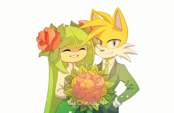 Size: 1280x828 | Tagged: safe, artist:cheroy, cosmo the seedrian, miles "tails" prower, seedrian, clothes, cosmobetes, duo, fully clothed, older, shipping, straight, tailsmo, wedding, wedding dress, wedding suit