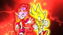 Size: 1920x1080 | Tagged: safe, artist:soniclover82, blaze the cat, burning blaze, sonic the hedgehog, super sonic, super form
