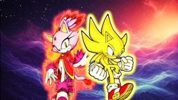 Size: 1192x670 | Tagged: safe, artist:soniclover82, blaze the cat, burning blaze, sonic the hedgehog, super sonic, super form