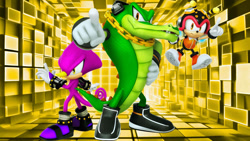 Size: 1192x670 | Tagged: safe, artist:soniclover82, charmy bee, espio the chameleon, vector the crocodile