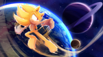 Size: 4800x2700 | Tagged: safe, artist:sheylog, sonic the hedgehog, super sonic, barefoot, flying, gloves off, moon, nudity, smile, space, star (sky), super form