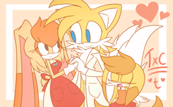 Size: 3200x2000 | Tagged: safe, artist:luckyclau, cream the rabbit, miles "tails" prower, oc, oc:taffy, shipping, taiream