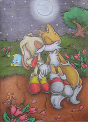 Size: 625x868 | Tagged: safe, artist:rougecreamamyforever, cheese (chao), cream the rabbit, miles "tails" prower, cream x tails, shipping