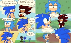 Size: 4096x2499 | Tagged: safe, artist:blahlahblash, shadow the hedgehog, sonic the hedgehog, sonic x shadow generations, 2024, classic sonic, comic, daytime, english text, outdoors, speech bubble, trio
